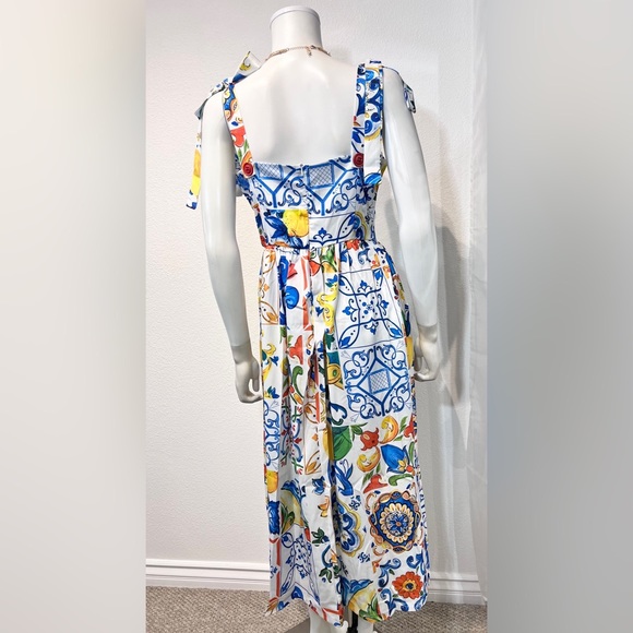 DOLCE Italian Majolica Tie Strap Maxi Sundress Painted Tile Print • Style of D&G - Picture 13 of 15